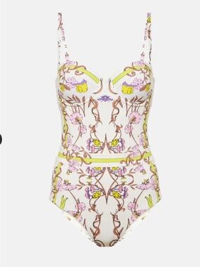 Tory Burch Floral Bustier Swimsuit in White, Pink & Lime